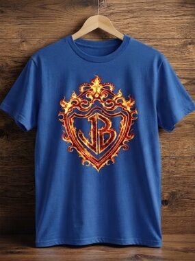 JB Monogram Flaming Shield Emblem Gothic Fire Vintage Royal Blue T-Shirt